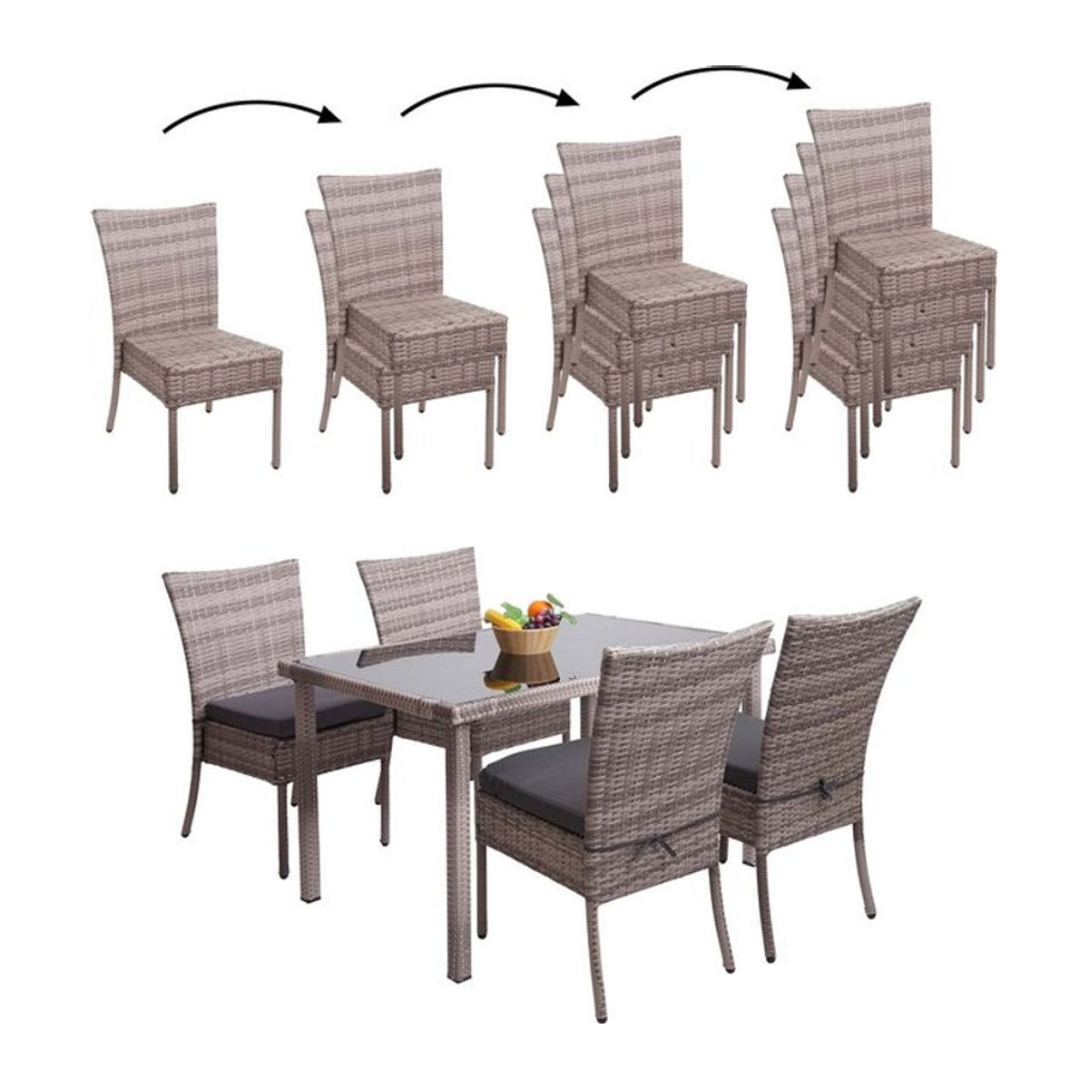 MCW Polyrattan Gartenmöbel-Set Lounge-Garnitur mit 4 Stühlen und Tisch in Grau-Braun mit dunkelgrauen Kissen, Tisch Breite: 120 cm, Tiefe: 75 cm - Bild 1