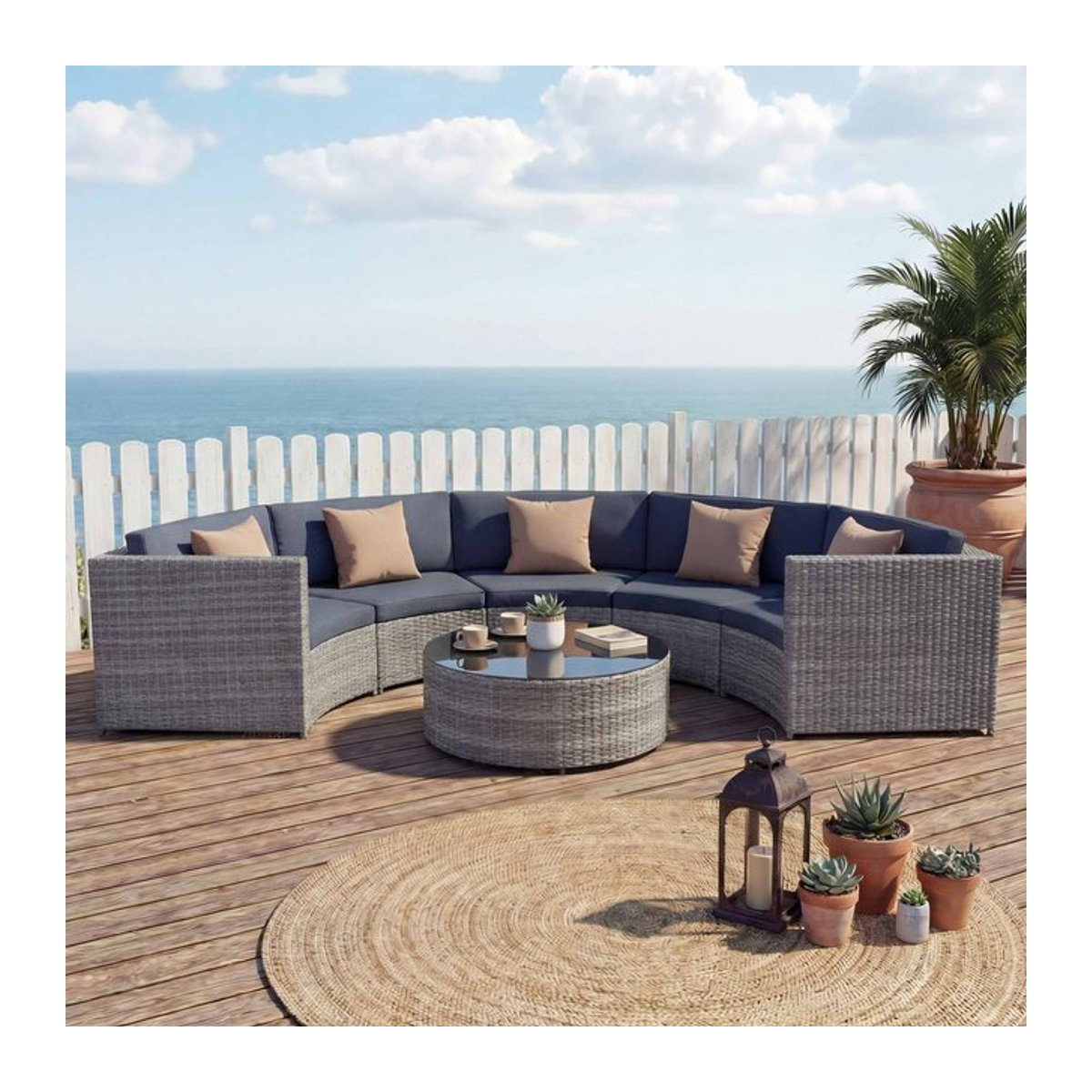 MCW Polyrattan Gartenmöbel-Set runde Sitzgruppe in Grau mit dunkelgrauen Polstern und beigen Kissen - Bild 1