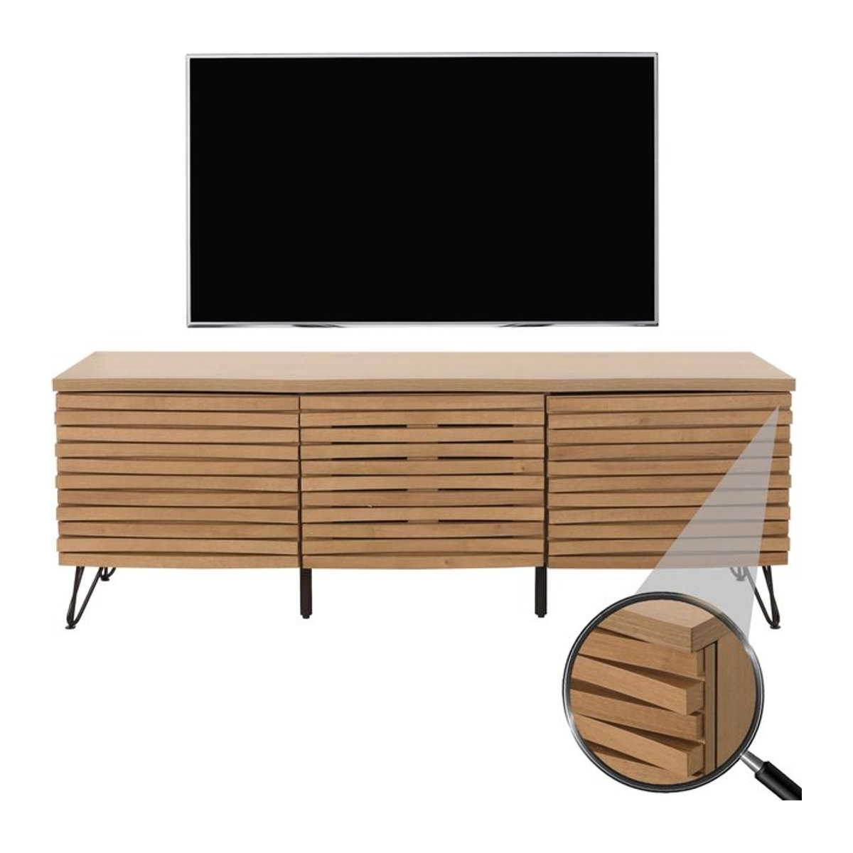 MCW TV-Schrank Lowboard MCW-M49 in Natur mit 3D-Design Staufächern, Modernes TV-Rack aus MDF und Metall, B/T/H: 142 x 44 x 52 cm - Bild 1