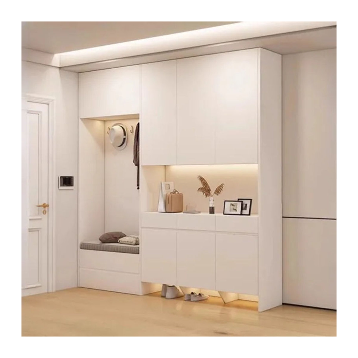 MDNG Schuhschrank mit integriertem Schuhwechselhocker und Drehtüren in Weiß, moderner MDF-Schuhschrank für den Eingangsbereich - Bild 1