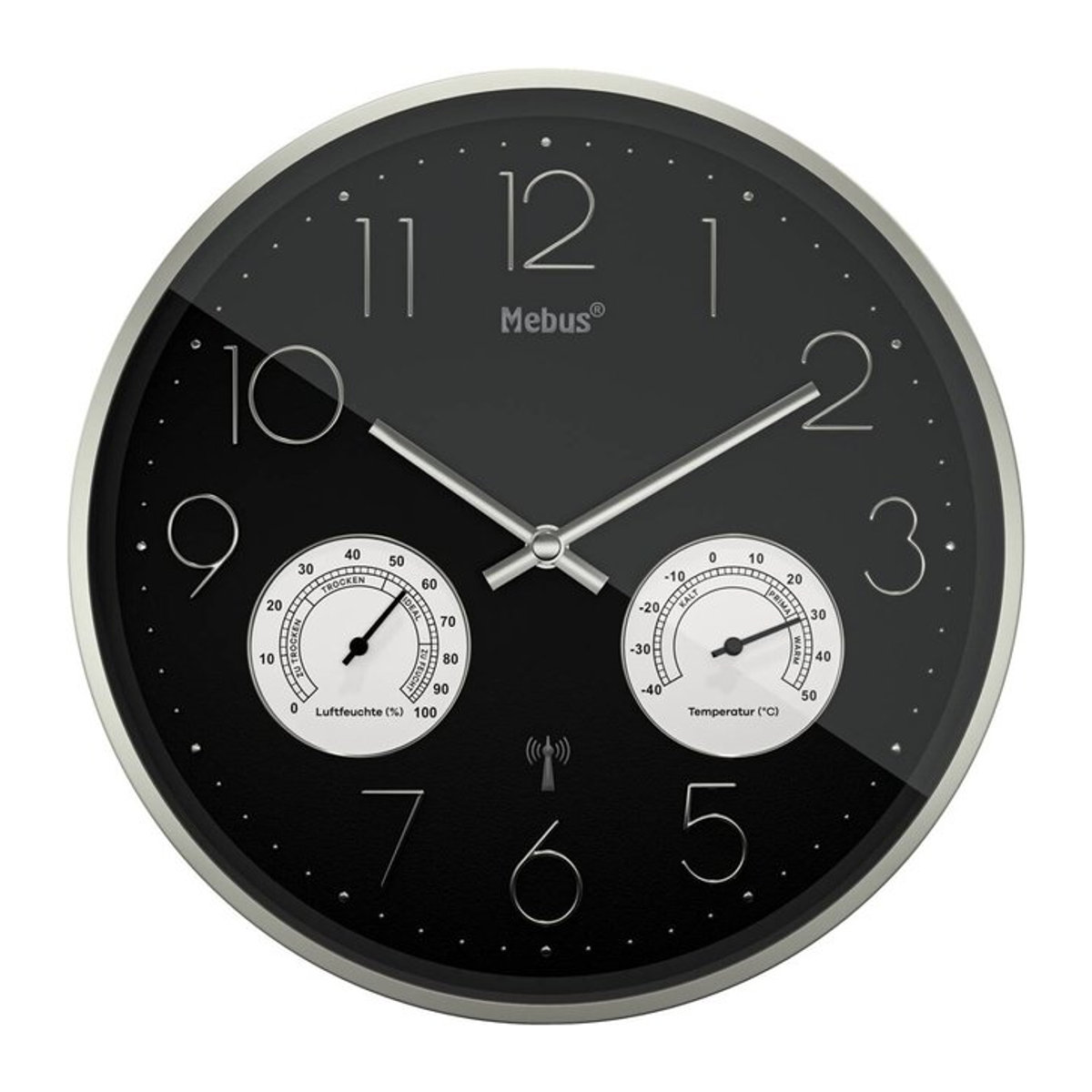 Mebus Wanduhr rund in Schwarz und Silber mit Funkuhr, Thermometer und Hygrometer, Durchmesser: 30 cm - Bild 1