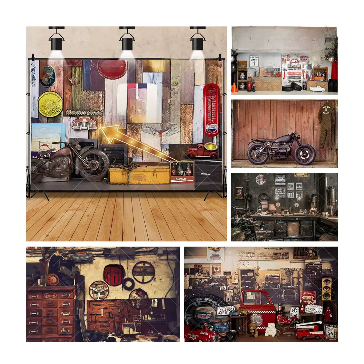 Mecoucou Vintage Fotohintergrund für Kinderzimmer und Geburtstagsfeiern mit Retro Motorrad und Werkstatt Motiv in Mehrfarbig - Bild 2