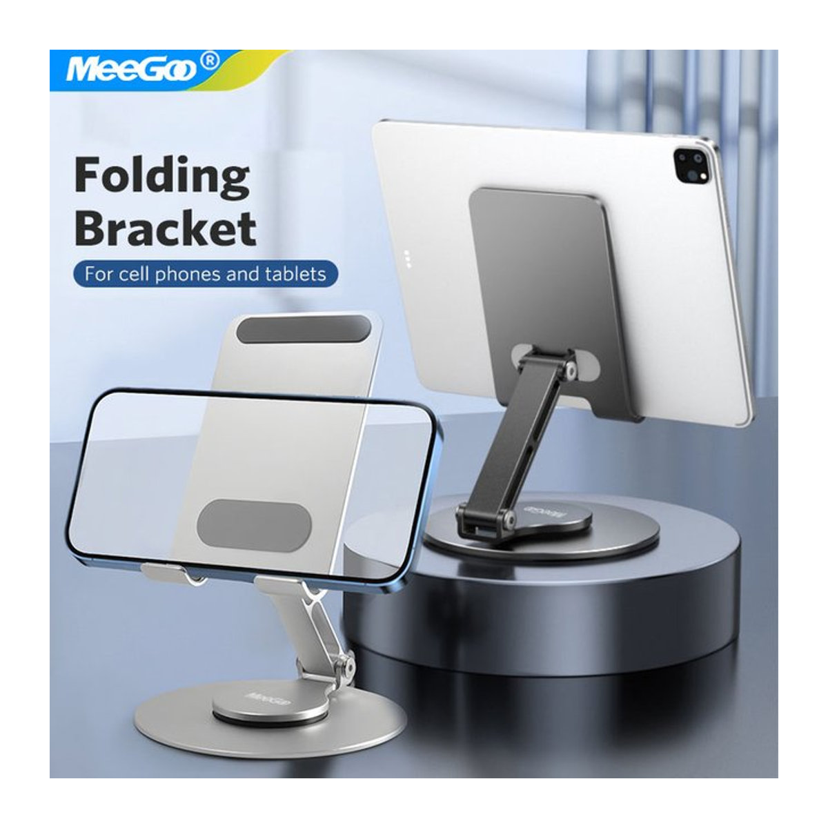 MeeGoo Ganzmetall-Aluminium-Handyhalter mit 360-Grad-Drehung, zusammenklappbares Doppelwellen-Design in Grau und Silber, minimalistisch und stabil - Bild 1