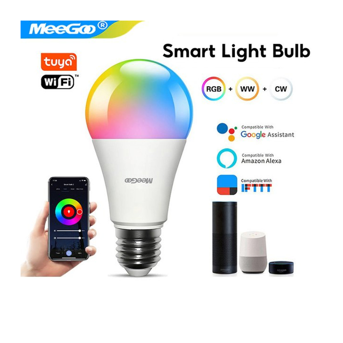 MeeGoo Smart LED-Birne E27 RGBCW dimmbar mit Tuya Bluetooth und Smart Life App Steuerung für Musik Rhythmus und Gruppensteuerung in Bunt - Bild 1