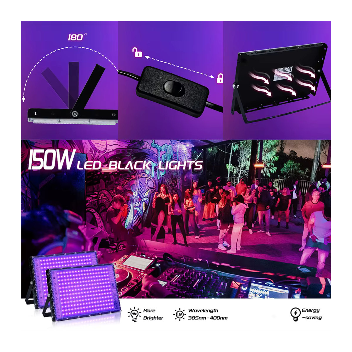 Meerox LED UV-Schwarzlicht Außenstrahler in Schwarz mit 150 W und 395 nm für Disco-Glow-Partys - Bild 4