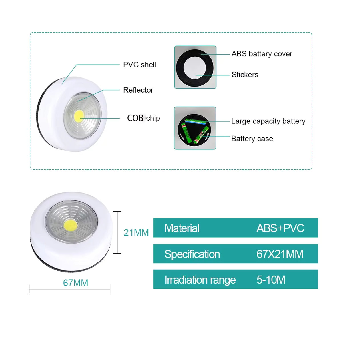 MeeToo LED COB Nachtlicht mit Touch-Sensor und Klebeaufkleber, Drahtlose Wandlampe für Schrank und Möbelbeleuchtung, Weiß - Bild 4