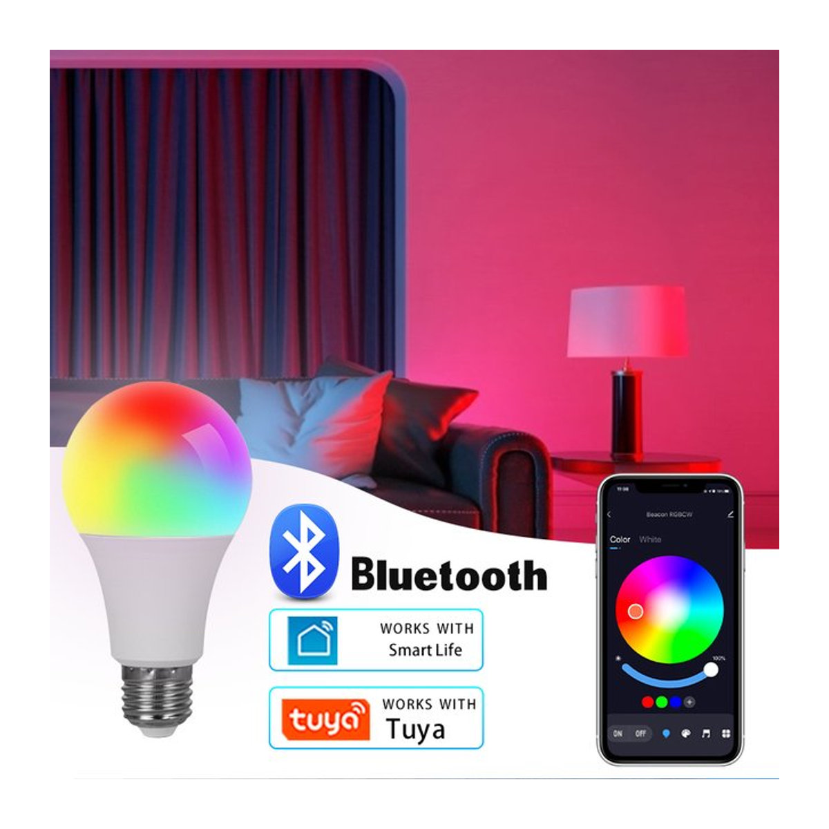 MeeToo Smart-Lampe E27 RGB LED Glühbirne 15W mit Bluetooth 4.0 und Tuya App Steuerung, dimmbar und bunt - Bild 1