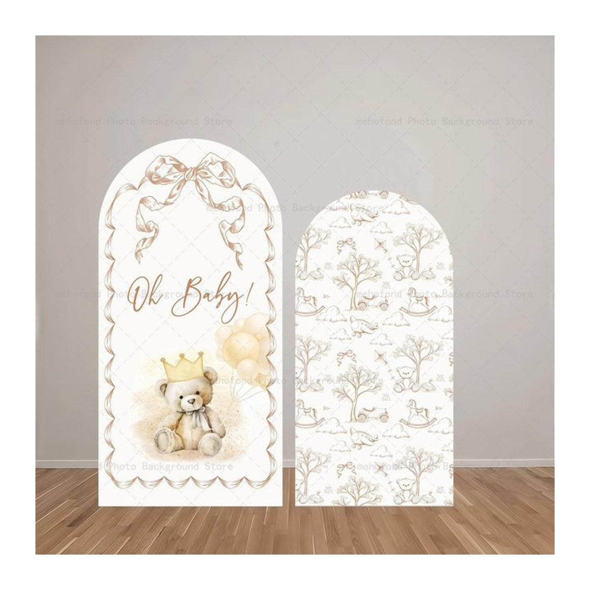 Mehofond Bogen-Hintergrund im Vintage-Stil mit Teddybär, Pferd, Auto und Wolken in Weiß für Kindergeburtstage und Fotostudios - Bild 1