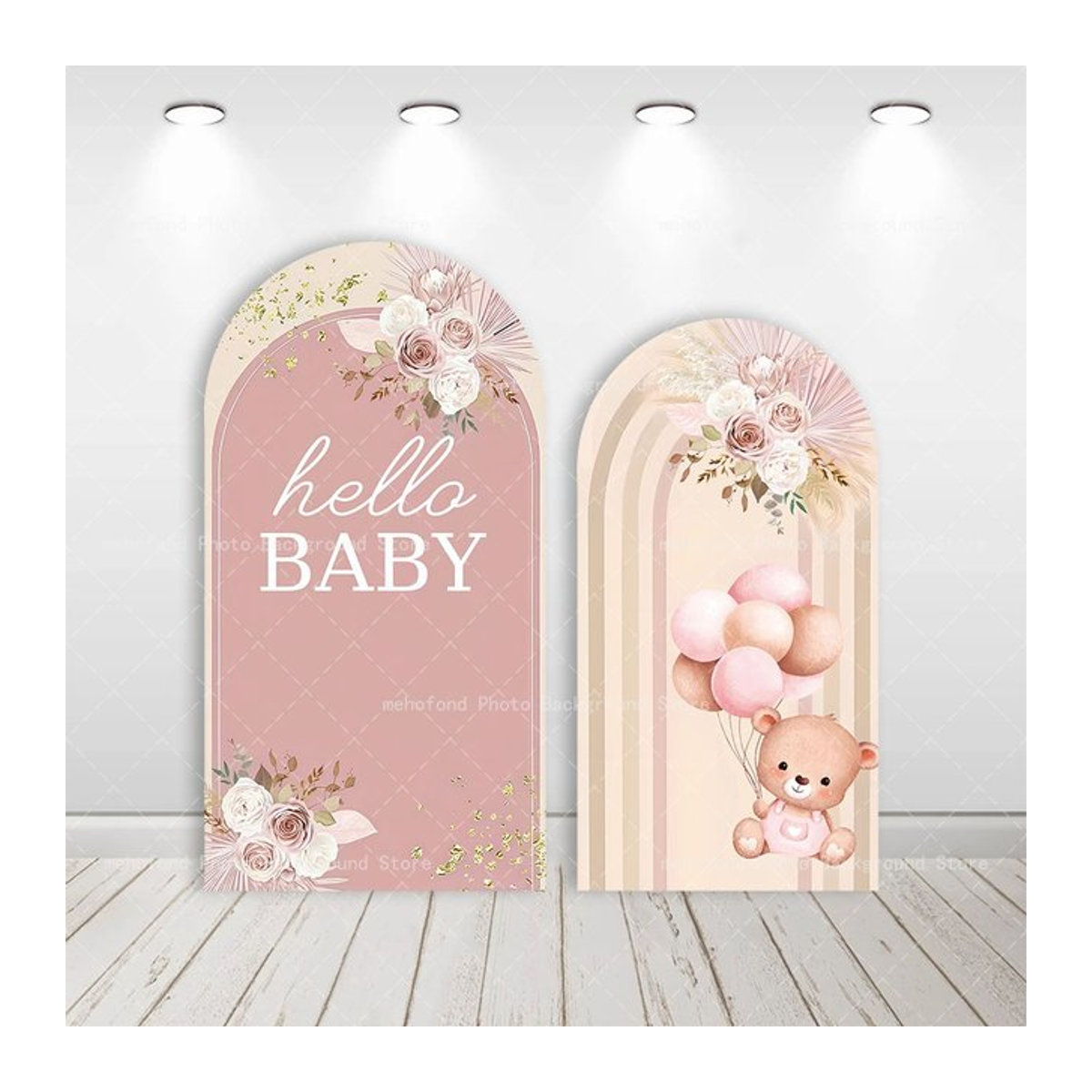 Mehofond Hallo Baby gewölbte Hintergrund Abdeckung für Geburtstag in Blau oder Rosa mit Boho Blumen und Bären Design - Bild 1