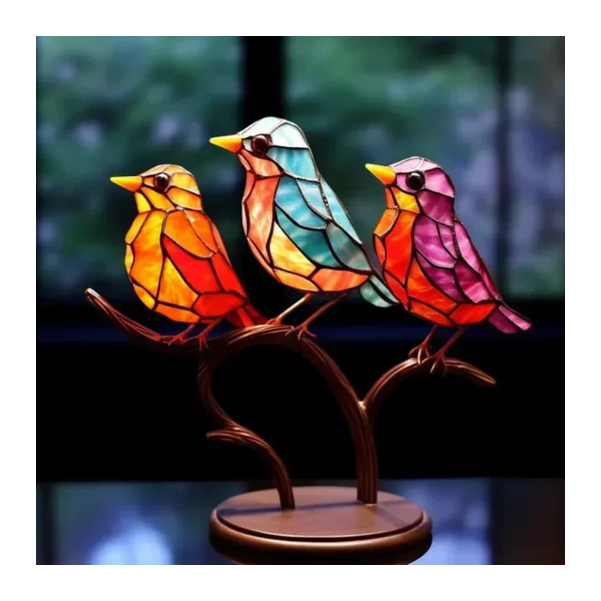 Mehrfarbige Acryl-Vögel auf Ast als Tischdekoration im Art Déco Stil aus Kunstharz und Glas - Bild 1