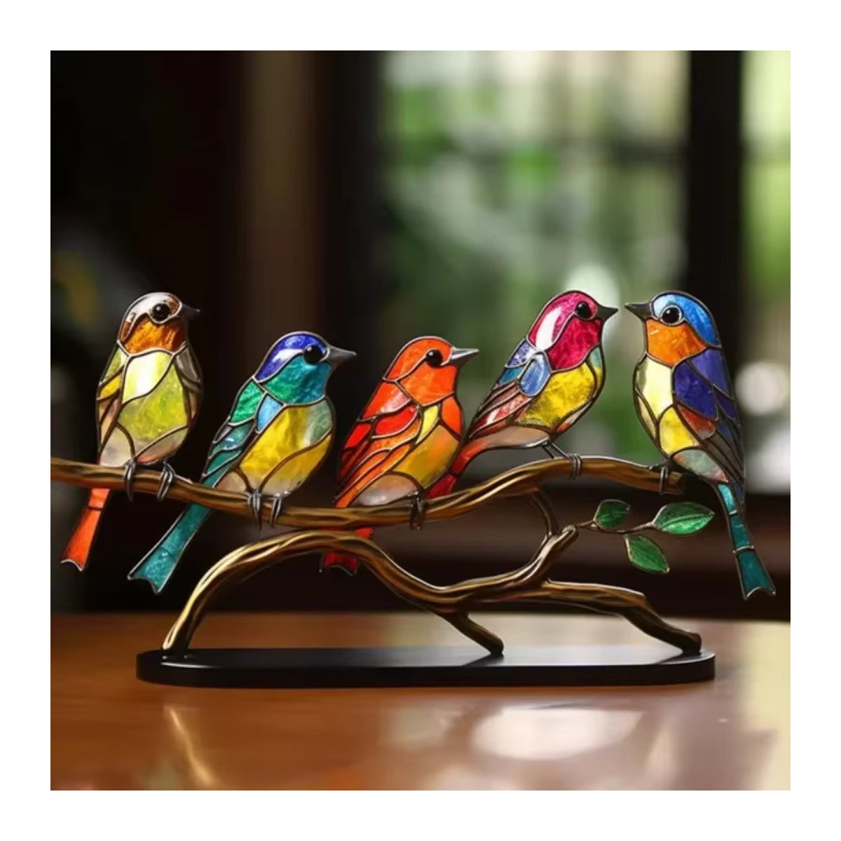 Mehrfarbige Acryl-Vögel auf Ast als Tischdekoration im Art Déco Stil aus Kunstharz und Glas - Bild 2