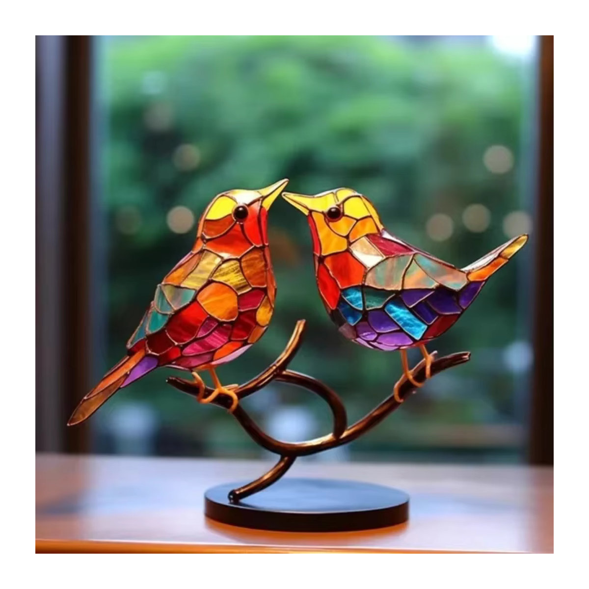 Mehrfarbige Acryl-Vögel auf Ast als Tischdekoration im Art Déco Stil aus Kunstharz und Glas - Bild 3