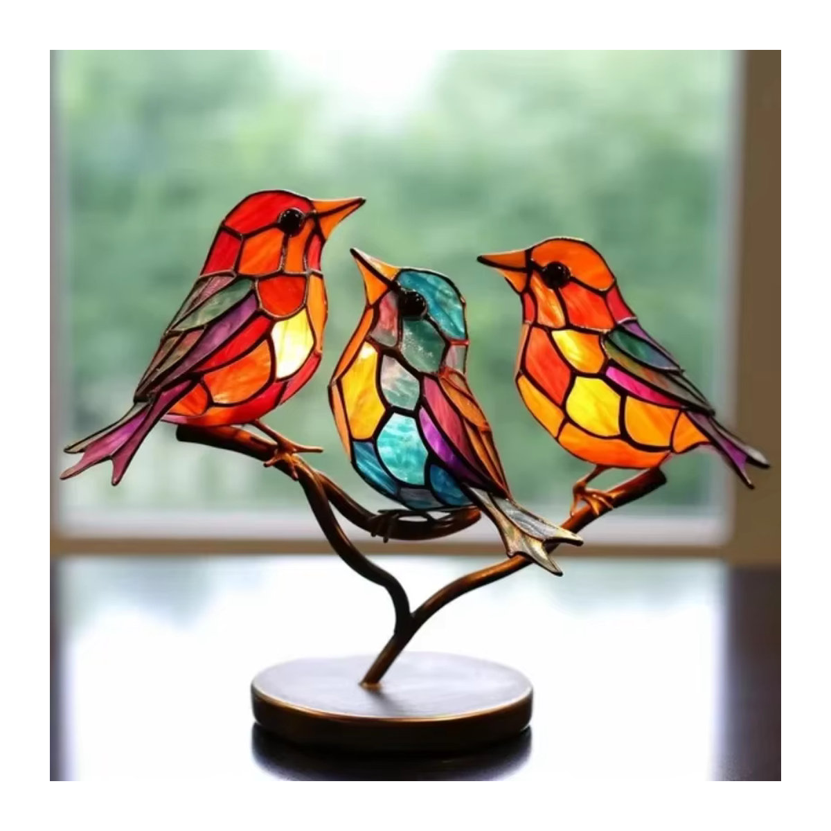 Mehrfarbige Acryl-Vögel auf Ast als Tischdekoration im Art Déco Stil aus Kunstharz und Glas - Bild 4