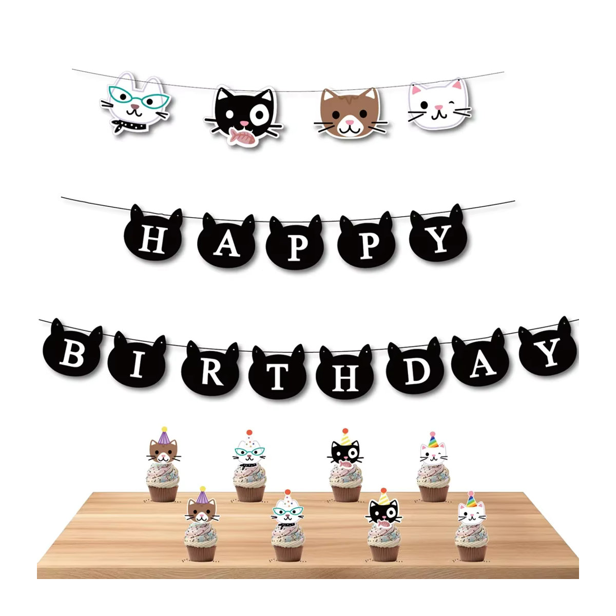 Mehrfarbige Geburtstagswimpel mit Cartoon-Katzen-Motiv als hängende Papier-Dekoration für Kinderpartys - Bild 3