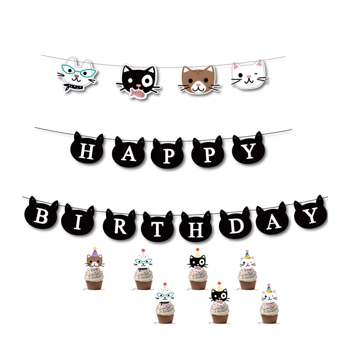 Mehrfarbige Geburtstagswimpel mit Cartoon-Katzen-Motiv als hängende Papier-Dekoration für Kinderpartys - Bild 5