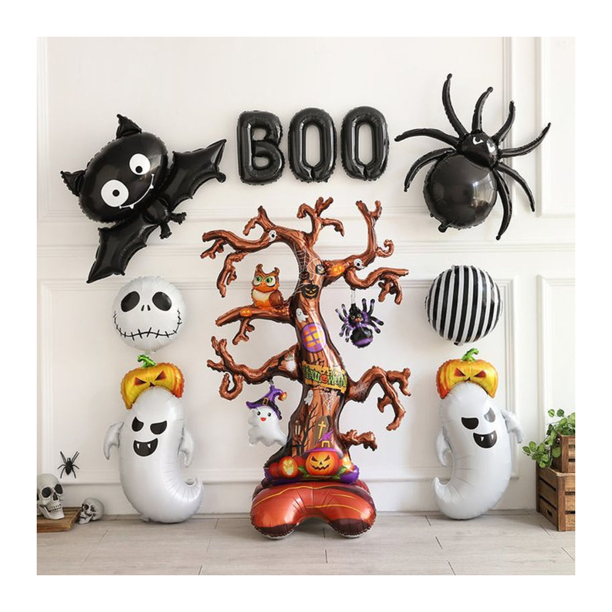 Mehrfarbige Halloween Folienballons als stehende 4D Dekoration mit Motiven wie Kürbis, Hexe, Geist und Spukhaus - Bild 1
