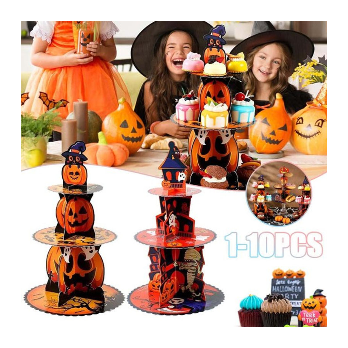 Mehrfarbige Halloween-Kuchenständer aus Papier für Party-Tischdekoration und Dessert-Displays in Orange - Bild 1