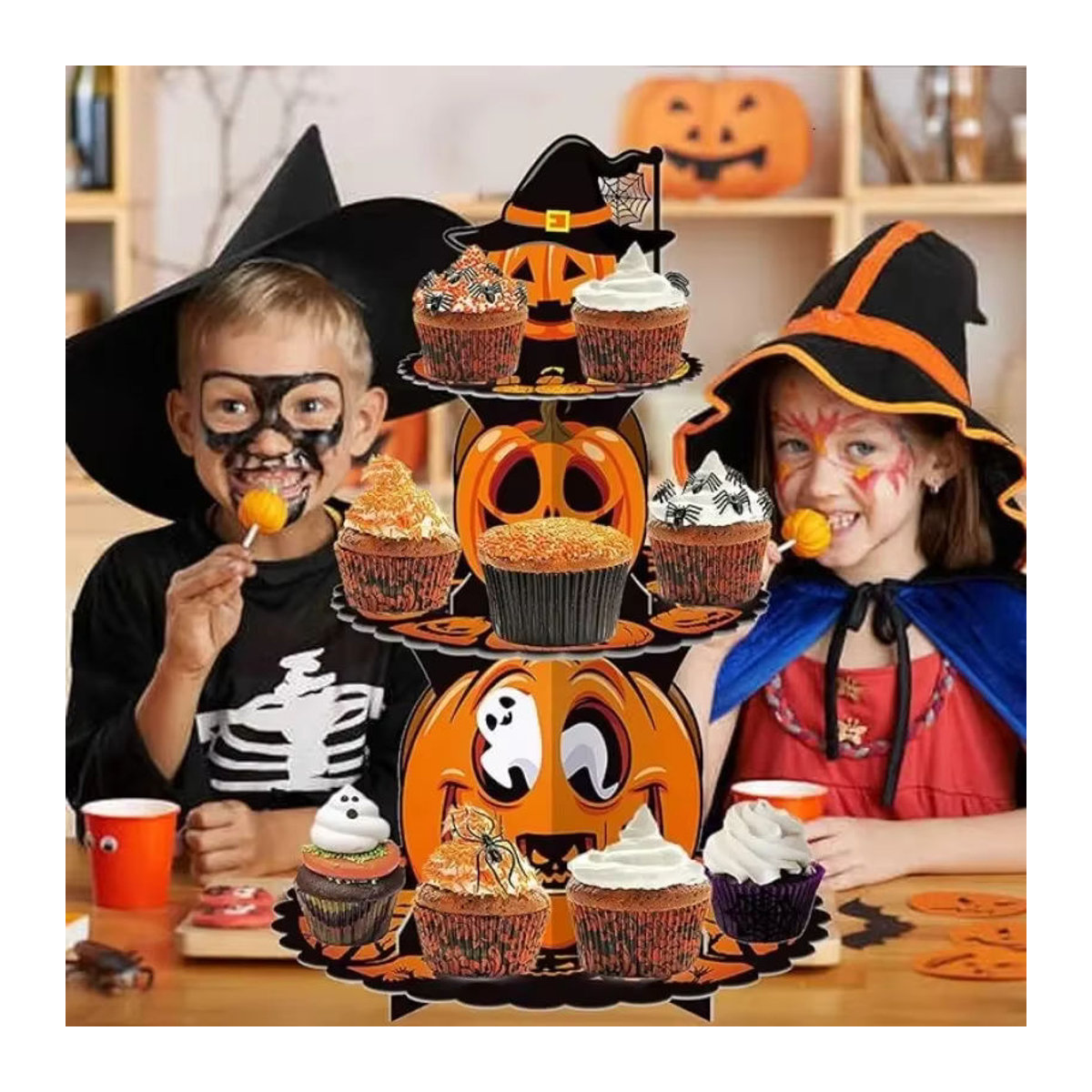 Mehrfarbige Halloween-Kuchenständer aus Papier für Party-Tischdekoration und Dessert-Displays in Orange - Bild 2