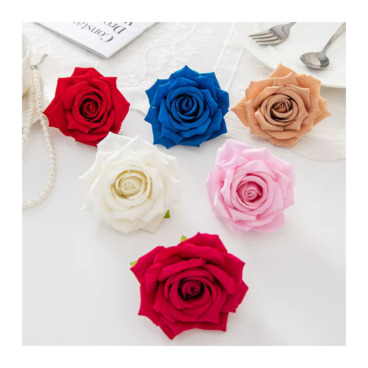 Mehrfarbige künstliche Flanell Rosen von smr für deine Tischdekoration, Hochzeitskranz und DIY-Geschenkboxen (5 Stück) - Bild 3