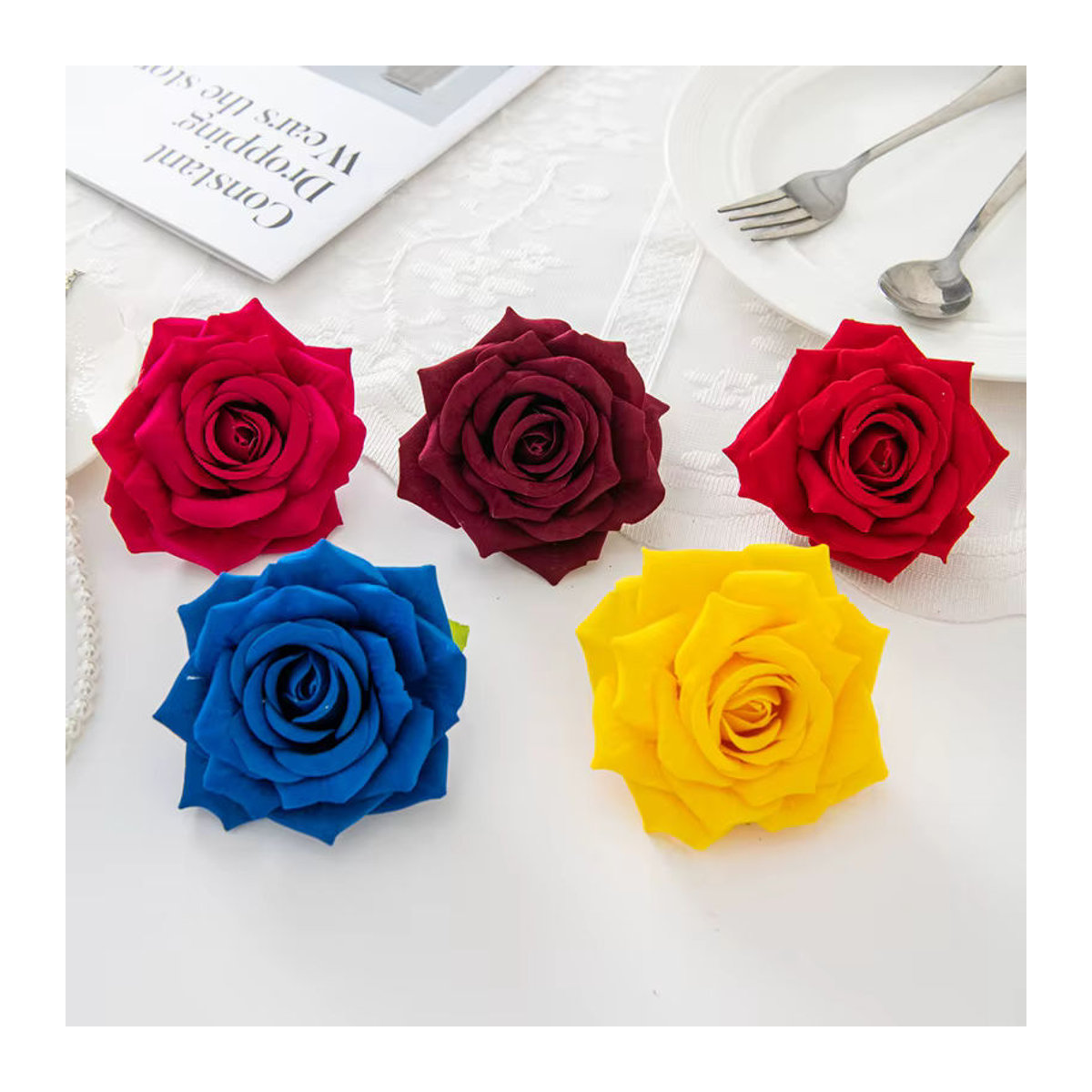 Mehrfarbige künstliche Flanell Rosen von smr für deine Tischdekoration, Hochzeitskranz und DIY-Geschenkboxen (5 Stück) - Bild 5