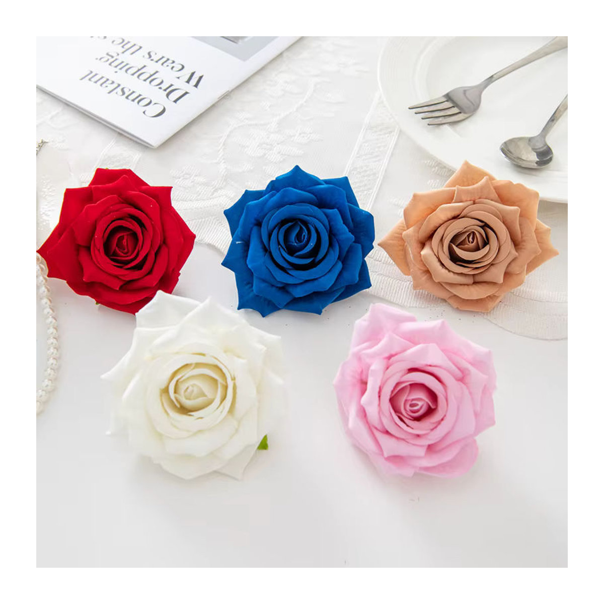 Mehrfarbige künstliche Flanell Rosen von smr für deine Tischdekoration, Hochzeitskranz und DIY-Geschenkboxen (5 Stück) - Bild 6
