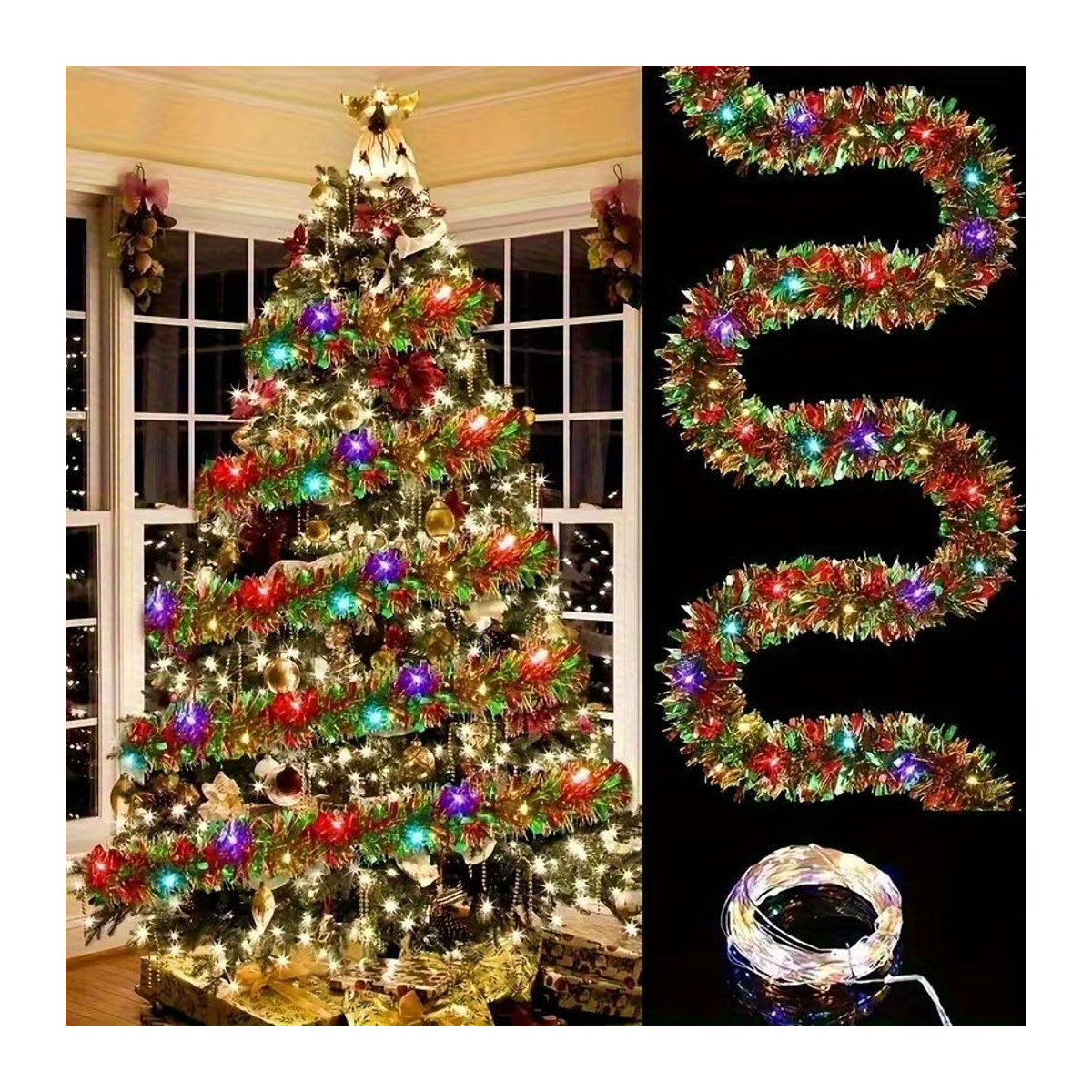Mehrfarbige metallische Weihnachts-Girlande mit glitzernden Blättern als hängende Dekoration - Bild 2