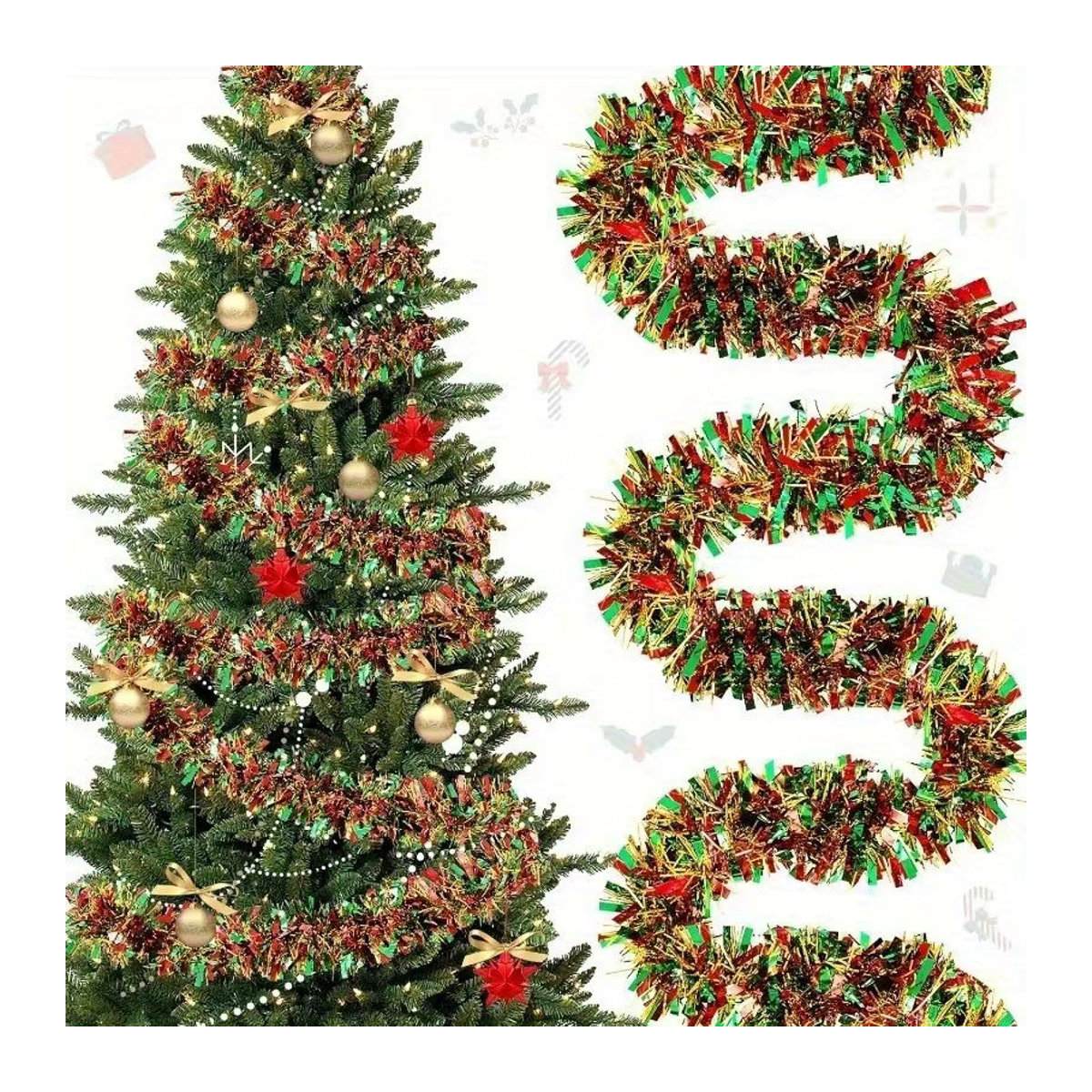 Mehrfarbige metallische Weihnachts-Girlande mit glitzernden Blättern als hängende Dekoration - Bild 3