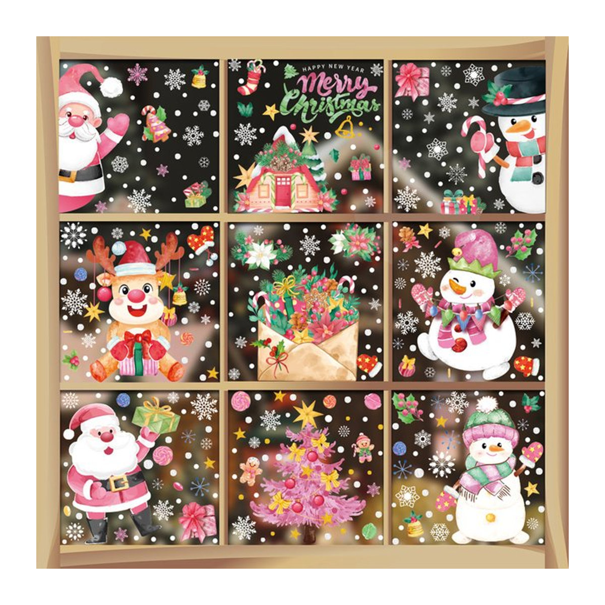 Mehrfarbige Weihnachts Fenster Aufkleber Set mit Weihnachtsmann, Schneemann, Lebkuchenmann und Schneeflocken als abziehbare Fensterbilder für Kinder - Bild 1