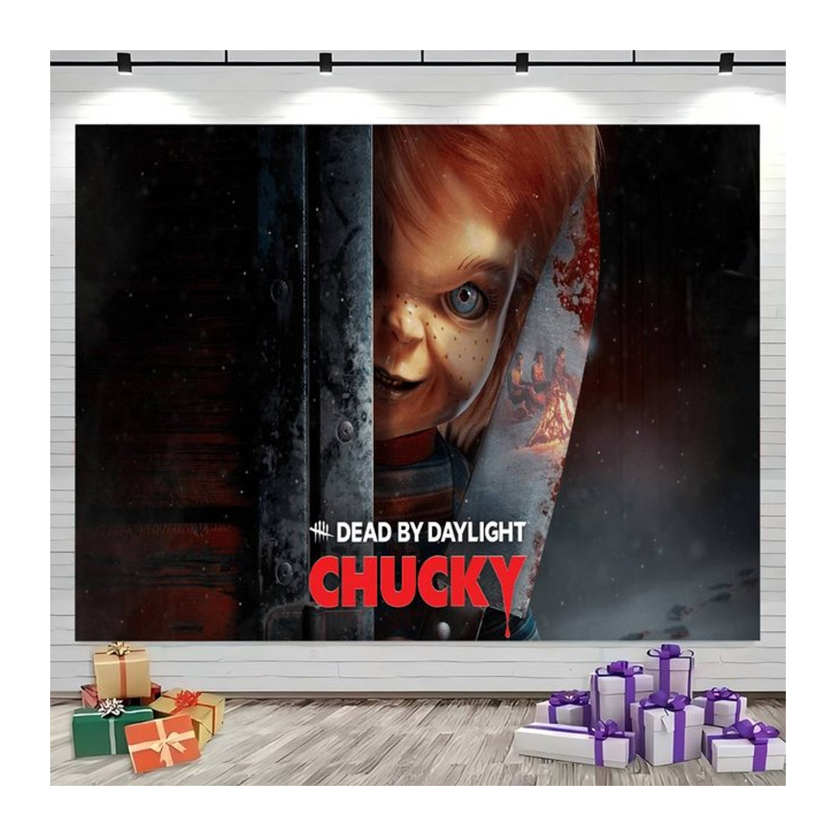 Mehrfarbiger Fotohintergrund Braut von Chucky Anime Motiv für Kindergeburtstage und Fotoshootings als rechteckige Textil-Kulisse - Bild 1