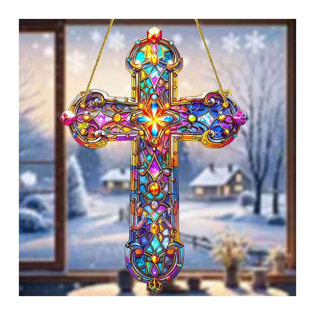 Mehrfarbiger Glasanhänger in Kreuzform als hängende Dekoration im Stained-Glass-Stil - Bild 1