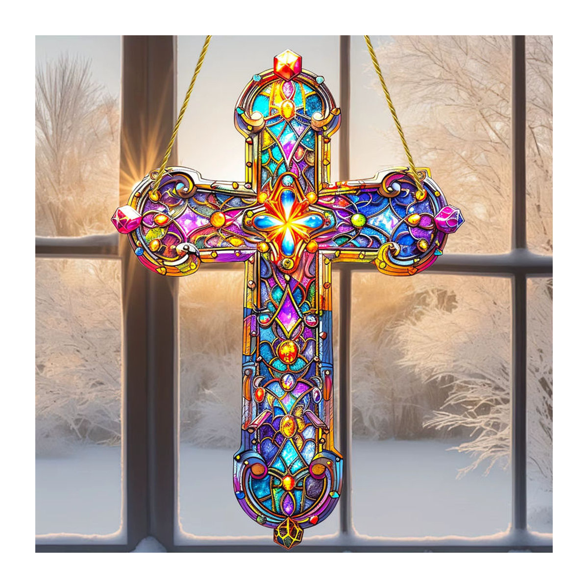 Mehrfarbiger Glasanhänger in Kreuzform als hängende Dekoration im Stained-Glass-Stil - Bild 2