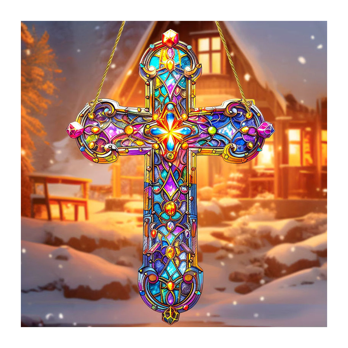 Mehrfarbiger Glasanhänger in Kreuzform als hängende Dekoration im Stained-Glass-Stil - Bild 4