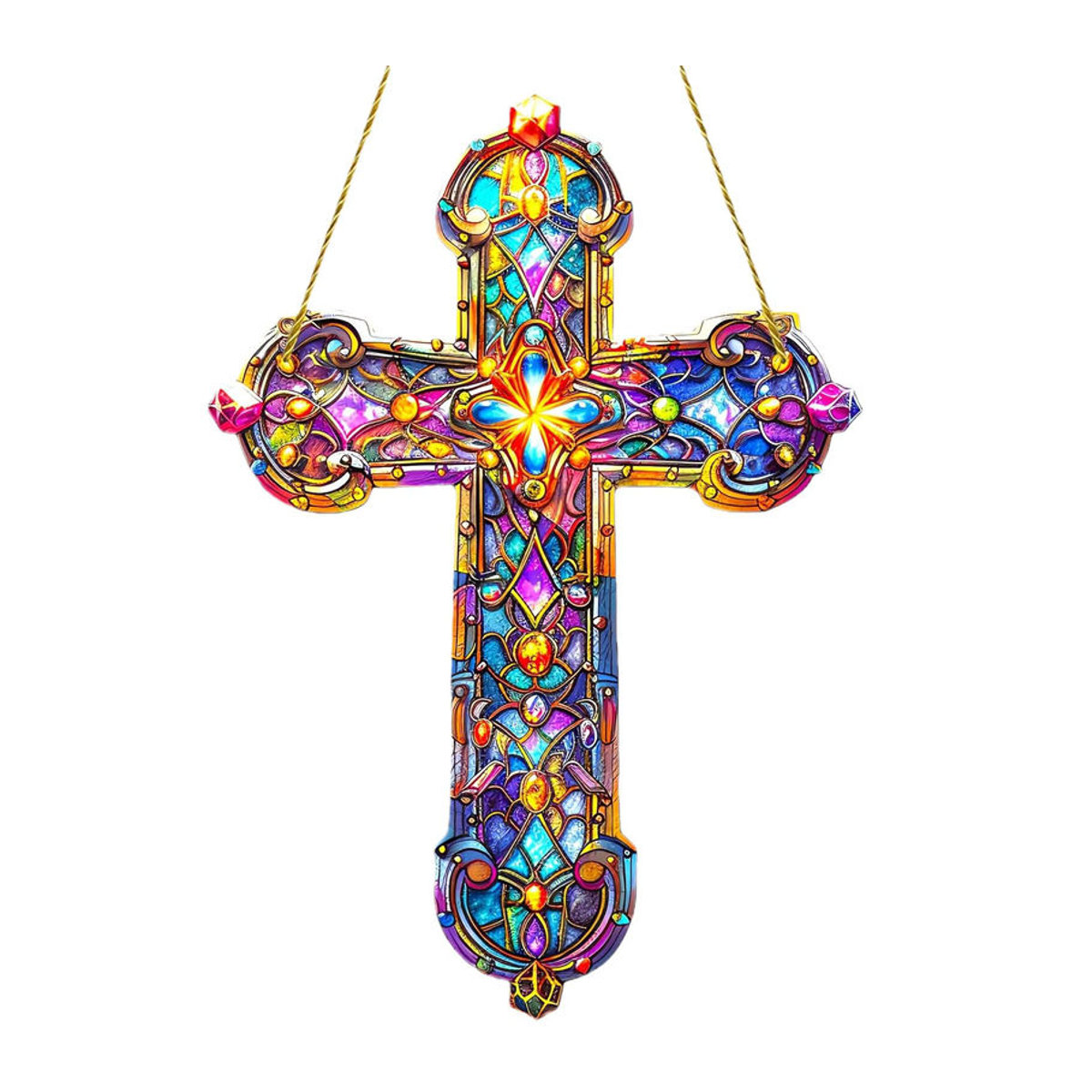 Mehrfarbiger Glasanhänger in Kreuzform als hängende Dekoration im Stained-Glass-Stil - Bild 6