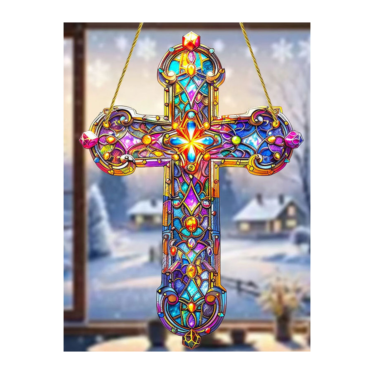 Mehrfarbiger Glasanhänger in Kreuzform als hängende Dekoration im Stained-Glass-Stil - Bild 7