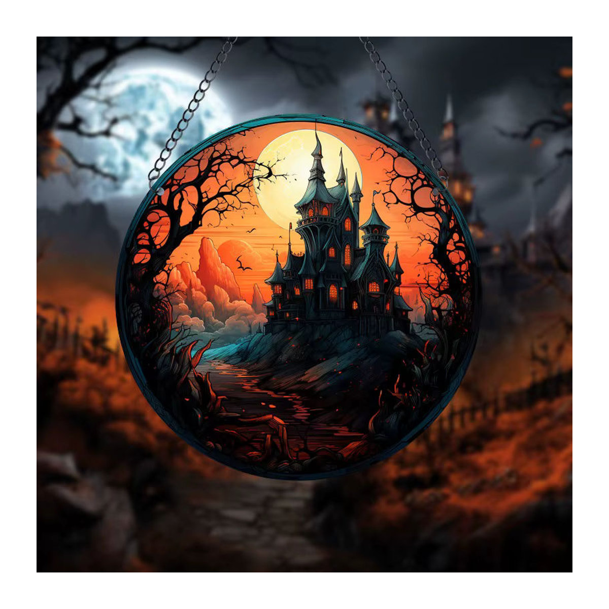 Mehrfarbiger Halloween Suncatcher in Burg-Design aus Acryl als hängende Fensterdekoration - Bild 1