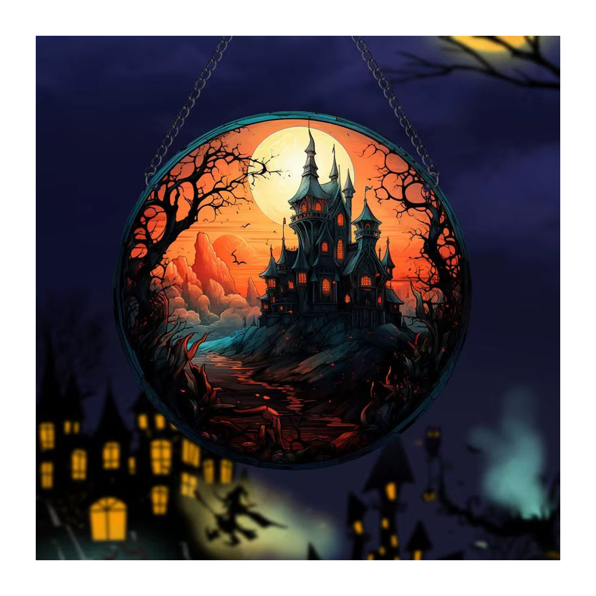 Mehrfarbiger Halloween Suncatcher in Burg-Design aus Acryl als hängende Fensterdekoration - Bild 2