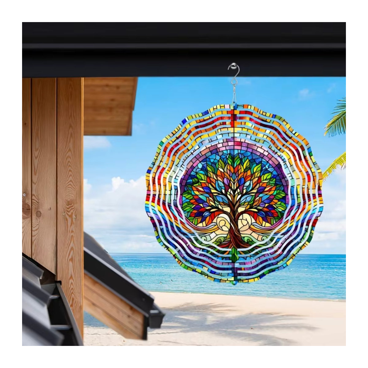 Mehrfarbiger Lebensbaum-Windspinner aus Metall und Glas als hängende 3D-Gartenkunst im Bohemian-Stil - Bild 3