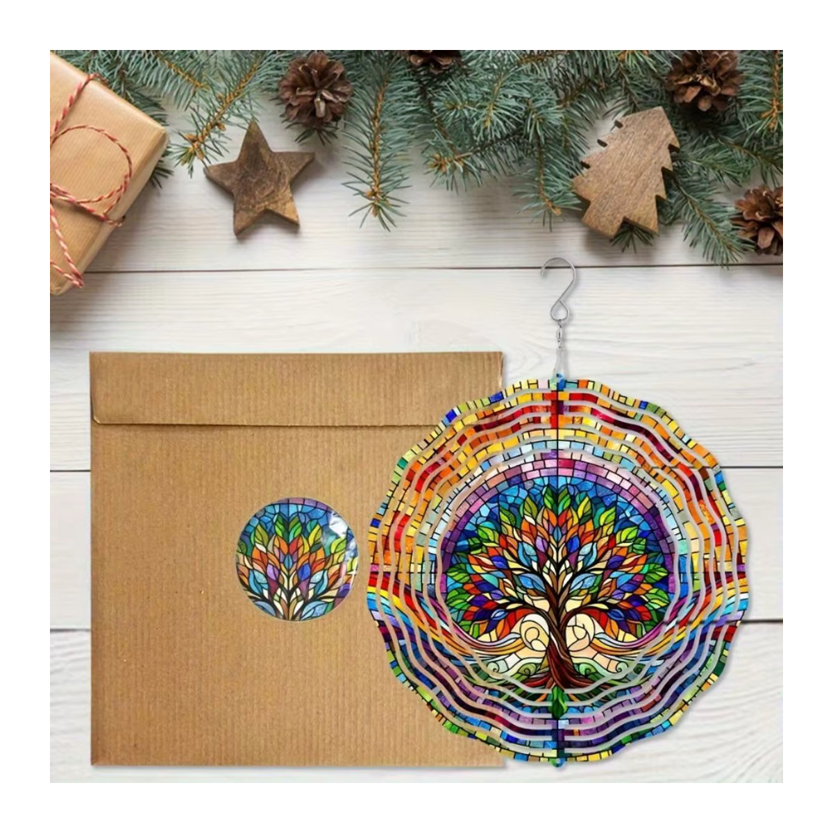 Mehrfarbiger Lebensbaum-Windspinner aus Metall und Glas als hängende 3D-Gartenkunst im Bohemian-Stil - Bild 4