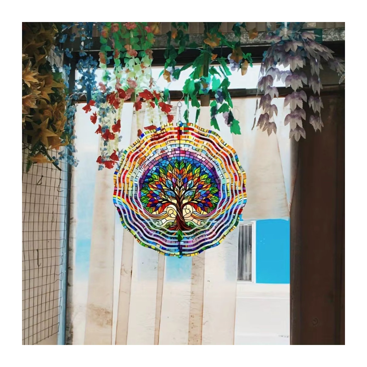 Mehrfarbiger Lebensbaum-Windspinner aus Metall und Glas als hängende 3D-Gartenkunst im Bohemian-Stil - Bild 6