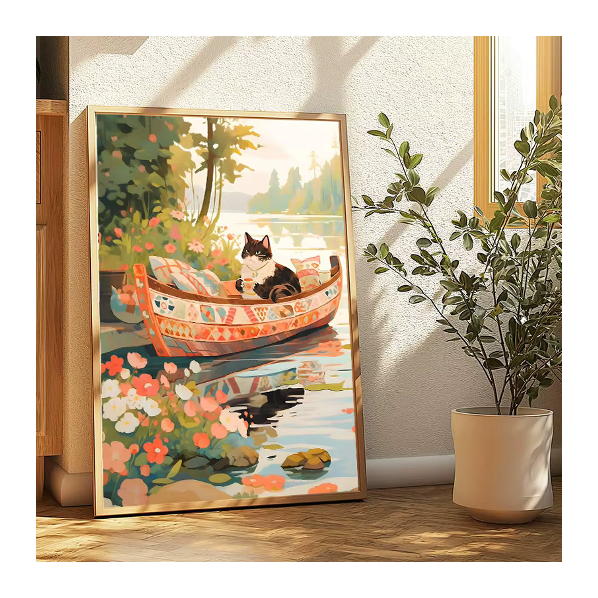 Mehrfarbiger Leinwanddruck mit niedlichem Kätzchen und Sakura-Motiv für dein Kinderzimmer oder deine Heimdekoration - Bild 2