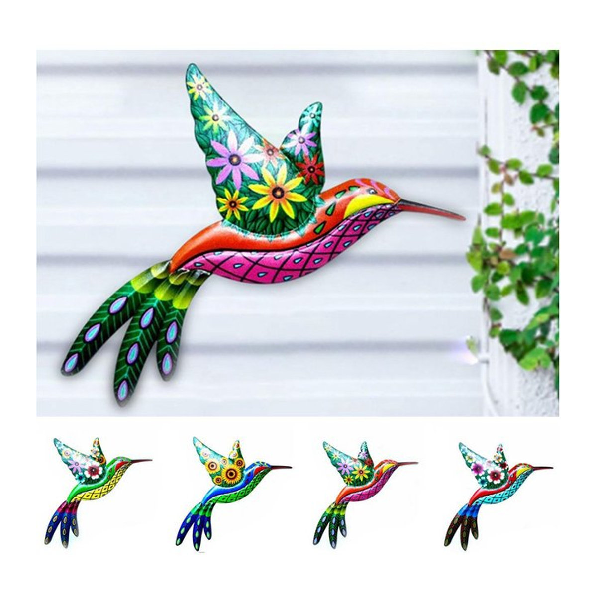 Mehrfarbiger Metall-Kolibri-Wandbehang als florale Skulptur für Garten und Innenbereich - Bild 1