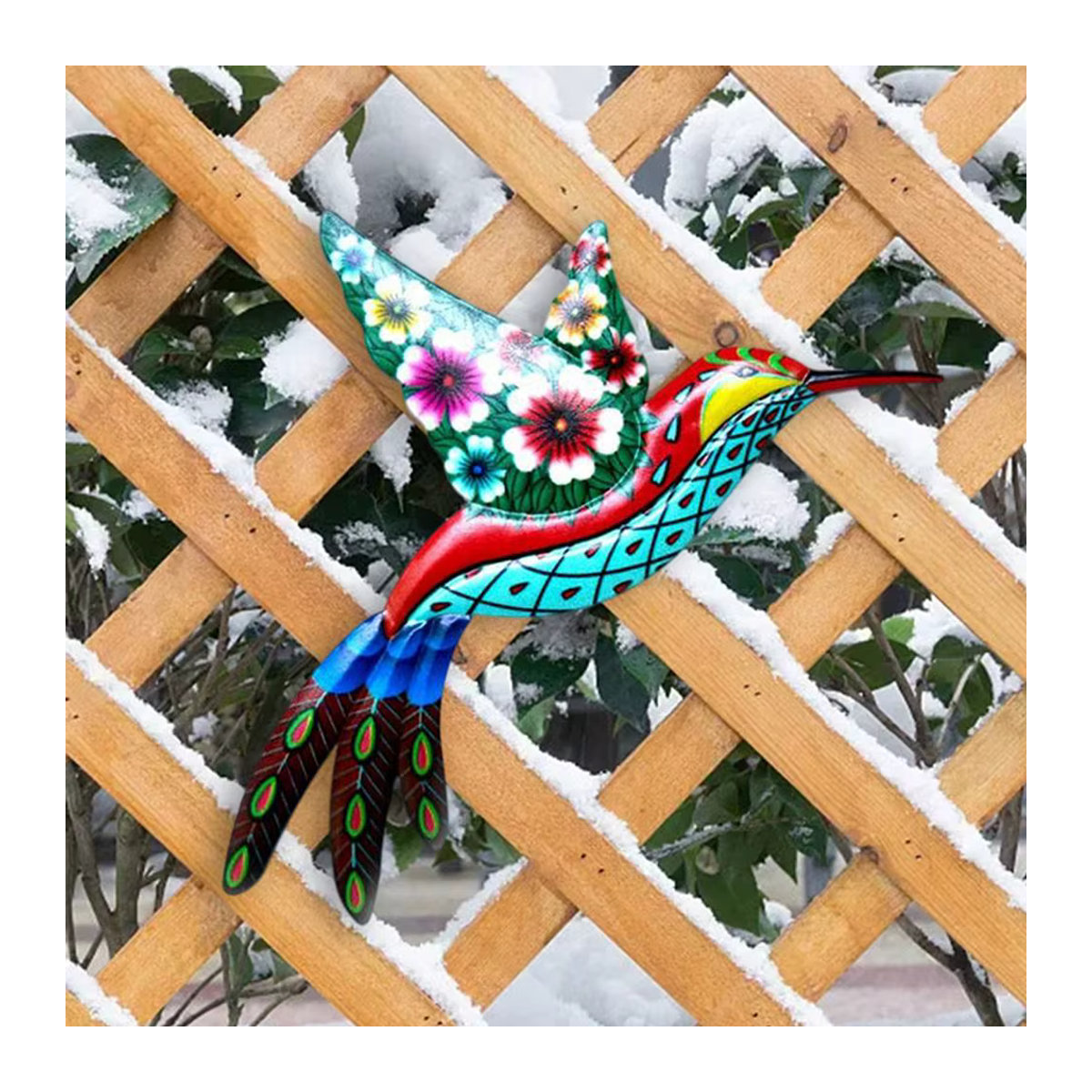 Mehrfarbiger Metall-Kolibri-Wandbehang als florale Skulptur für Garten und Innenbereich - Bild 2