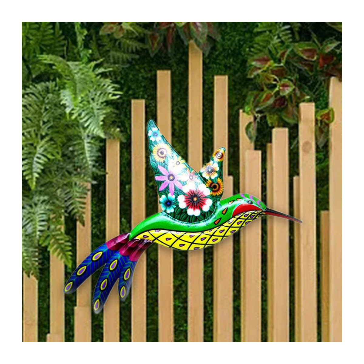 Mehrfarbiger Metall-Kolibri-Wandbehang als florale Skulptur für Garten und Innenbereich - Bild 3