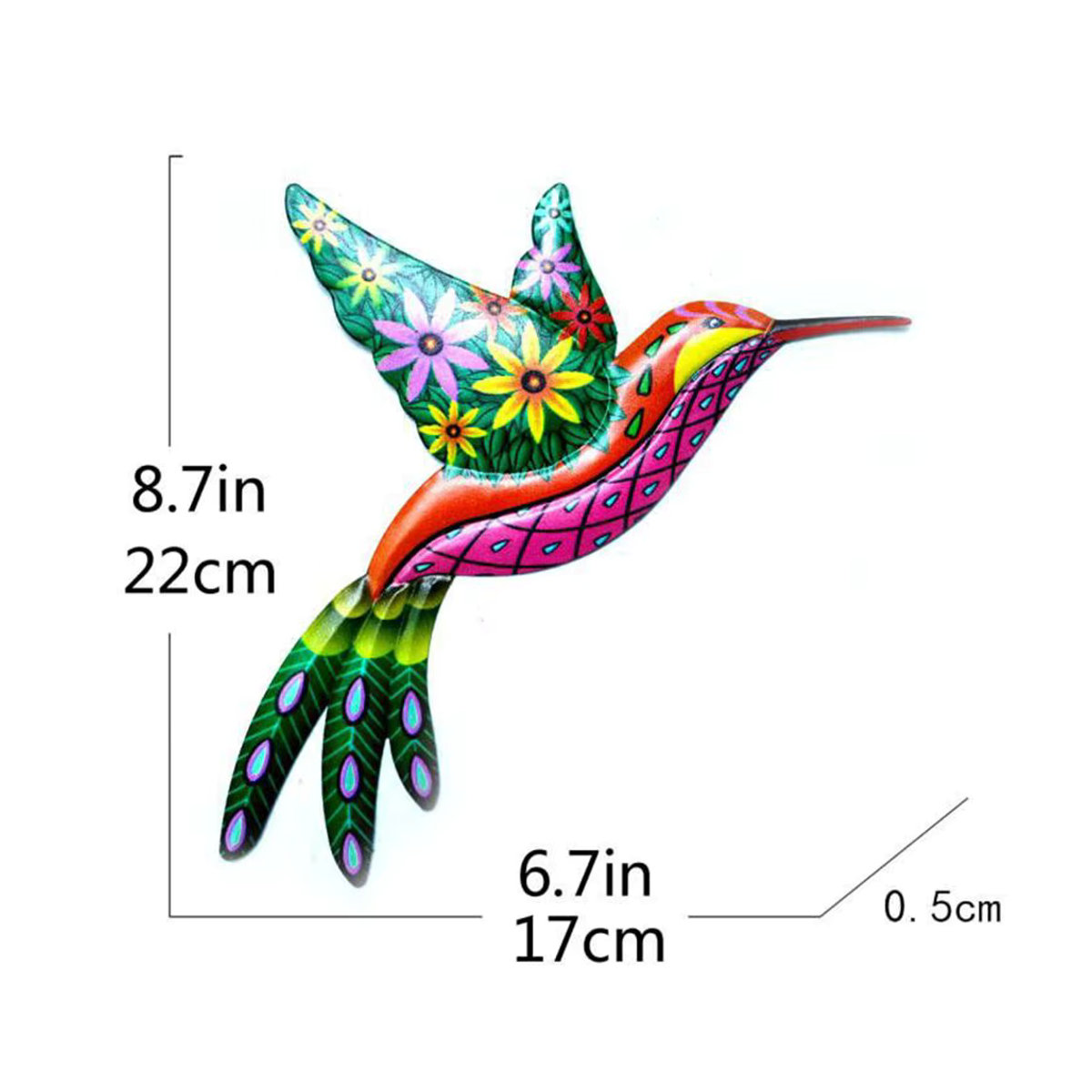 Mehrfarbiger Metall-Kolibri-Wandbehang als florale Skulptur für Garten und Innenbereich - Bild 5