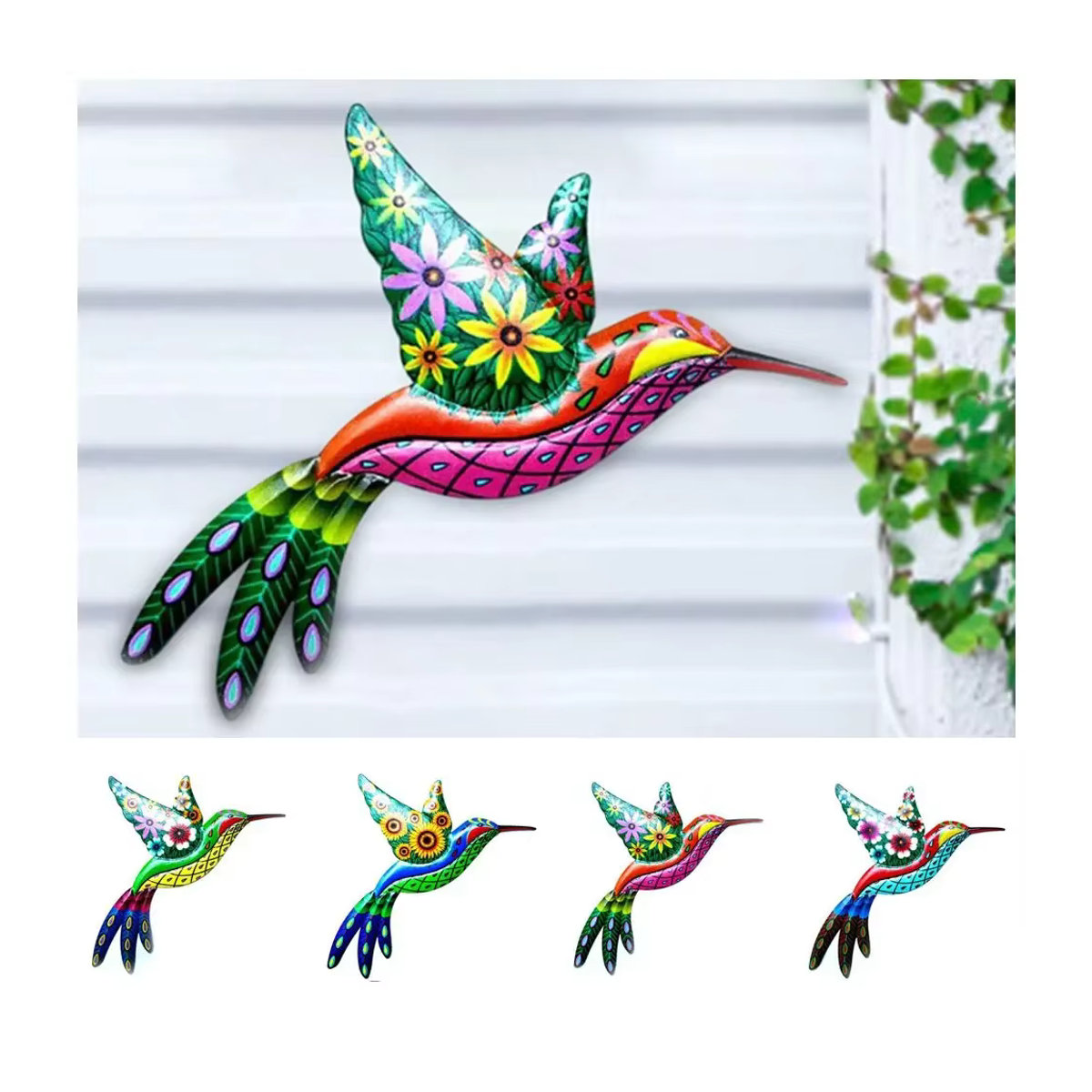 Mehrfarbiger Metall-Kolibri-Wandbehang als florale Skulptur für Garten und Innenbereich - Bild 6
