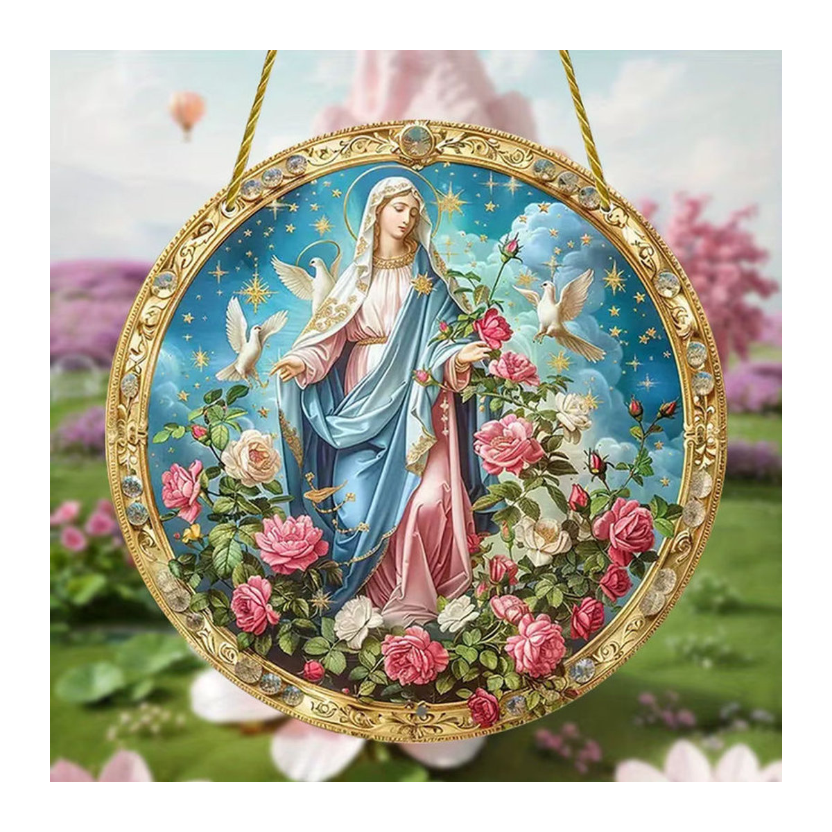 Mehrfarbiger Sonnenfänger aus Acryl mit Jungfrau Maria-Motiv im Vintage-Stil als hängende Dekoration - Bild 3