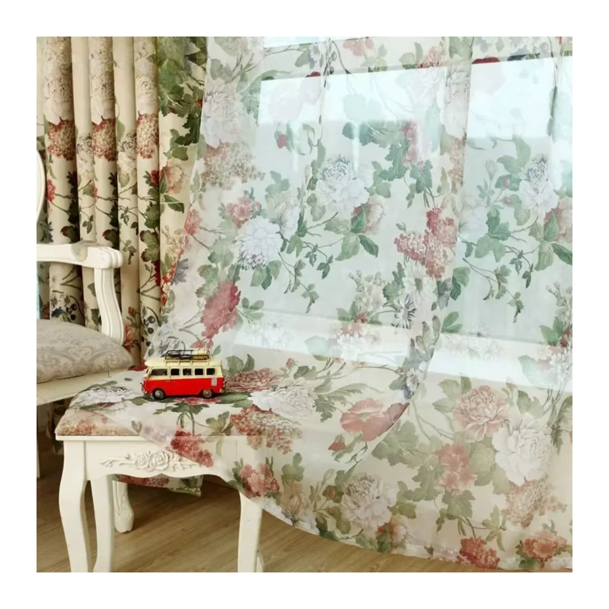 Mehrfarbiger Vorhang im amerikanischen Landhausstil, semi-transparent und bedruckt für Wohnzimmer, Schlafzimmer oder Balkon - Bild 4