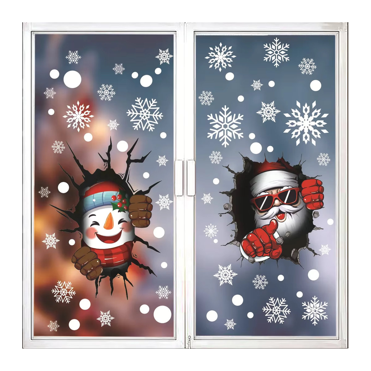 Mehrfarbiger Weihnachts-Fensteraufkleber mit Schneeflocken, Weihnachtsmann und Schneemann als elektrostatischer Aufkleber für Glasfenster - Bild 1