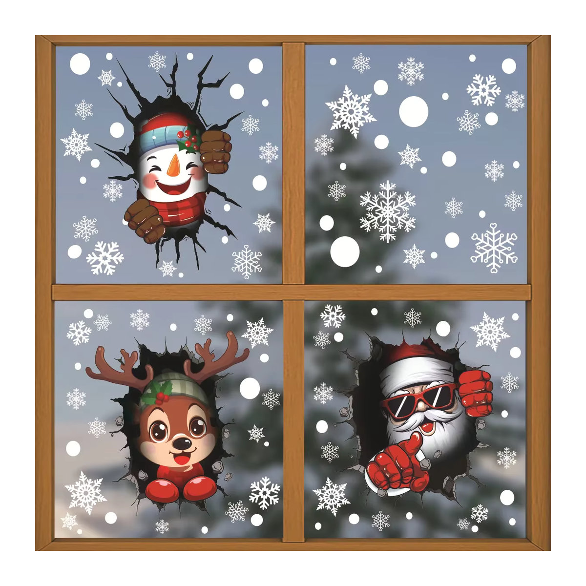 Mehrfarbiger Weihnachts-Fensteraufkleber mit Schneeflocken, Weihnachtsmann und Schneemann als elektrostatischer Aufkleber für Glasfenster - Bild 2