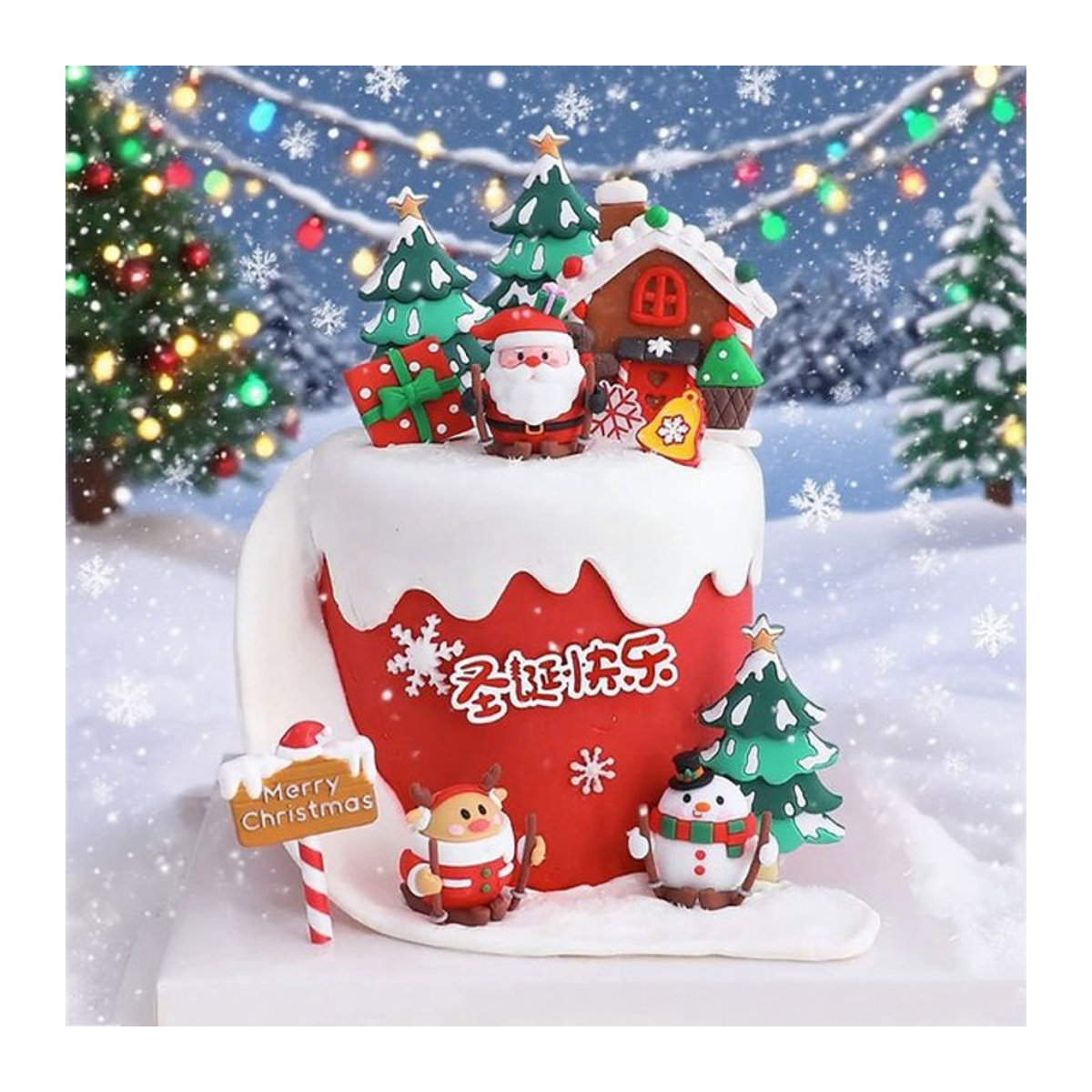 Mehrfarbiger Weihnachtskuchen-Topper aus Kunstharz mit Motiv Weihnachtsmann, Schneemann, Elch, Schlitten und Baumschmuck - Bild 1